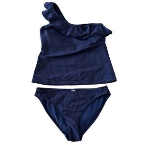 Vineyard Vines Seersucker One Shoulder Ruffle Tankini Top XS Bottoms S Navy EUC